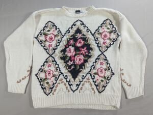 Vintage Beldoch Popper Sweater S Floral Knit Ramie Cotton Cottagecore 80s